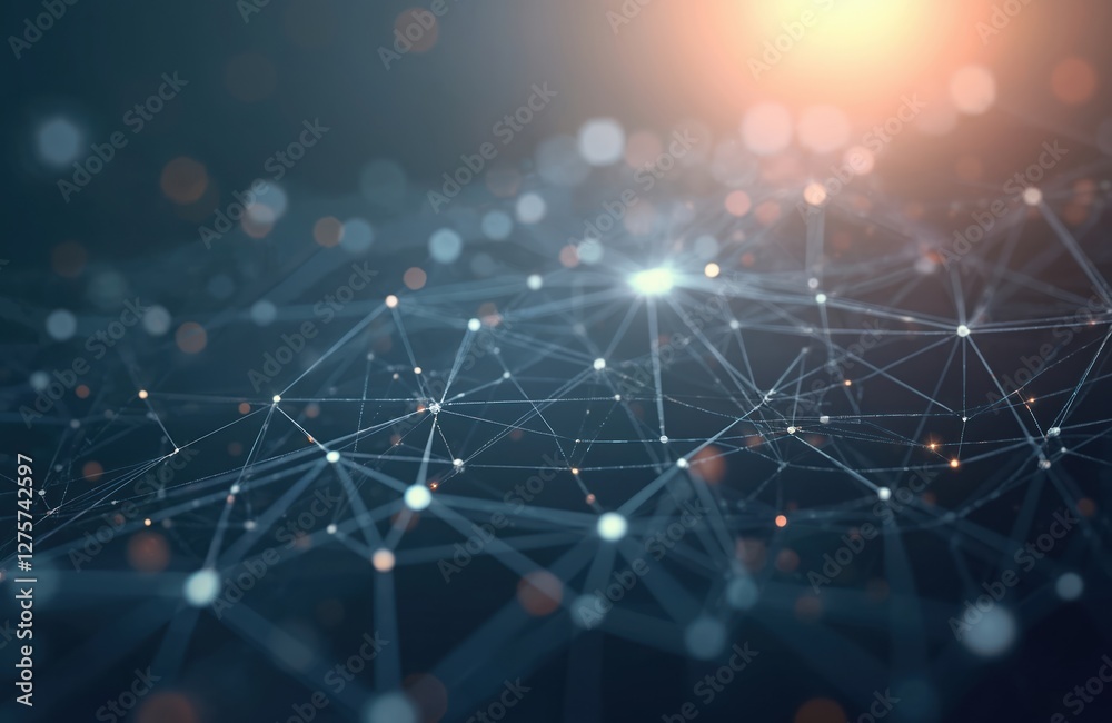 Poster illustration of abstract futuristic network with connected lines, dots on dark blue background. poly