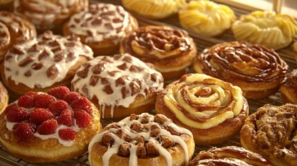 Assorted freshly baked donuts with various toppings displayed on a cooling rack in a bakery