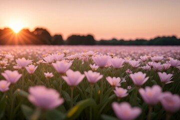 Obraz premium dreamy springtime orange cosmos flower field background, soft sunlight peaceful flower field