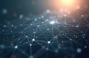 Obraz premium Illustration of abstract futuristic network with connected lines, dots on dark blue background. Polygonal space, low poly design for tech, cyberspace, connectivity concepts. Glowing illuminated