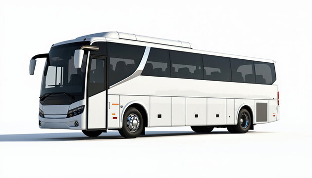 Side view of passenger coach bus. Tour transportation concept. Modern intercity commute vehicle for travel, tourism, comfortable journeys, bus tours with big windows and seats.