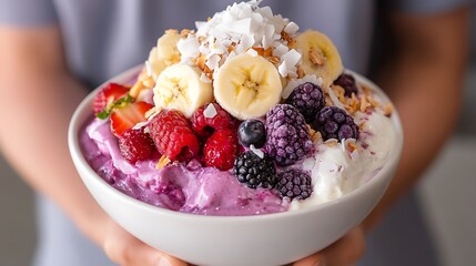 Delicious acai bowl with berries, banana, and coconut.