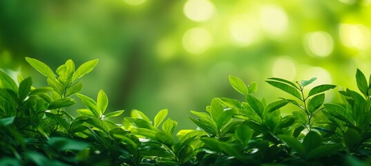 Obraz premium Vibrant Green Leaves, Natural Bokeh Background, Lush Foliage Close Up, Fresh Spring Growth