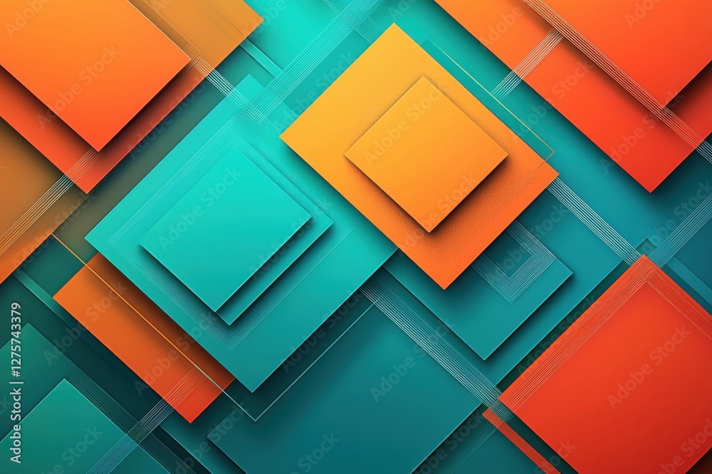 Poster an abstract background with overlapping squares of orange and teal, creating a modern, geometric des