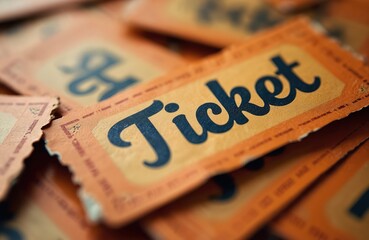 Obraz premium Vintage paper tickets background in orange, black colors. Admission concept to event, performance, show, movie, concert, festival, party, circus, lottery. Get entrance.