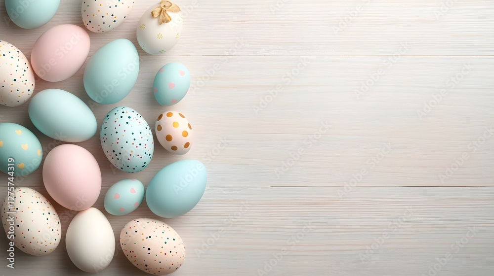 Poster pastel colored easter eggs artfully arranged in a soft gradient pattern on a light wooden surface wi