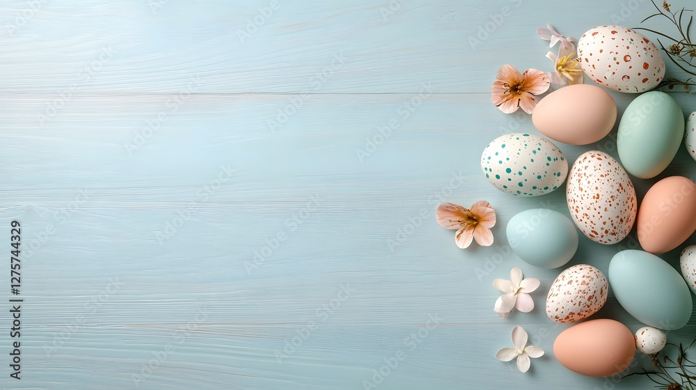 Poster pastel colored easter eggs arranged in a soft gradient pattern on a light wooden surface with gentle