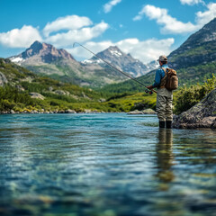 Naklejka premium A fisherman is casting his line into a mountain river, waiting for the salmon to bite.