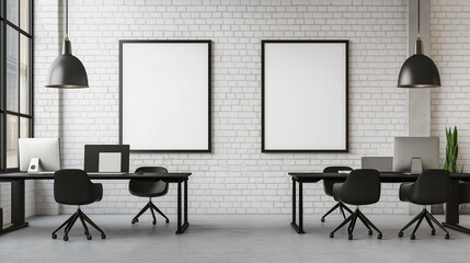 empty room with chairs and table office interior and two empty frames on wall 3d render mockup design. new modern minimalist office interior design with empty frames mockup