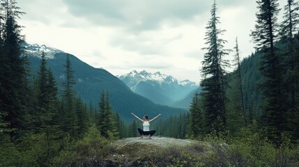 Shoulder stretch by a woman in a calm mountain setting. Featuring peace and flexibility