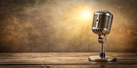 Vintage style microphone placed on a wooden desk with a warm beige solid background and soft focus effect creating a nostalgic atmosphere , retro microphone, classic style