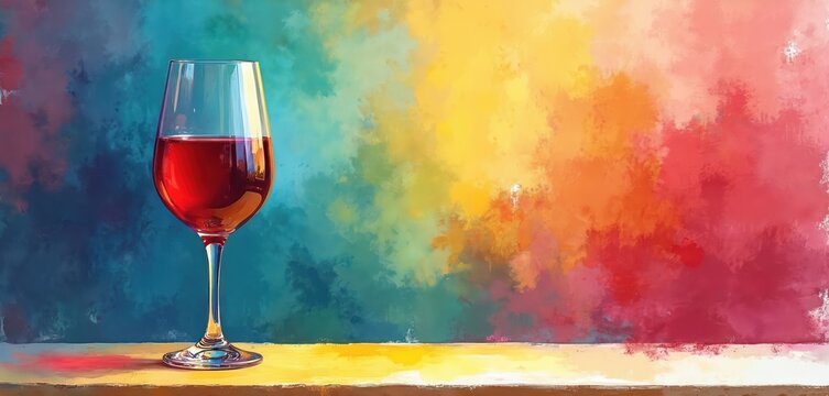 Watercolor painting features red wine glass, with bright colourful background. Artwork for paint and sip event, art class, or wine tasting. Alcohol beverage in crystal glass on table.