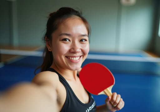 Smiling player holding a table tennis paddle in a training hall - Powered by Adobe