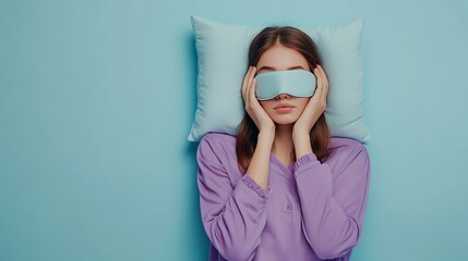 Young woman sleeping peacefully with sleep mask on light blue background.