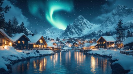 Naklejka premium Snowy village aurora borealis night landscape