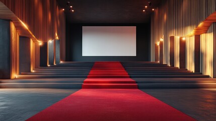 A modern cinema interior featuring a red carpet leading to a blank screen, illuminated by soft lighting and wooden accents.