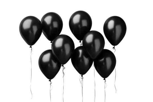 group of black helium balloons isolated on white or transparent png