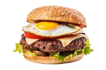 tasty burger with salad, meat, tomatoes and fried egg isolated on white or transparent png