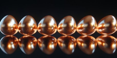 Golden spheres glisten symmetrically on a dark canvas, their warm hues reflecting soft light for an inviting, radiant glow