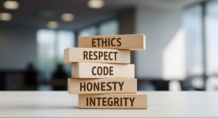 wooden blocks stacked vertically on a light surface display "ETHICS," "RESPECT," "CODE," "HONESTY," and "INTEGRITY" in dark brown font. A blurred office background emphasizes ethical business values