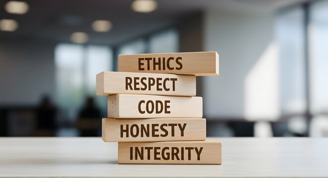 wooden blocks stacked vertically on a light surface display "ETHICS," "RESPECT," "CODE," "HONESTY," and "INTEGRITY" in dark brown font. A blurred office background emphasizes ethical business values