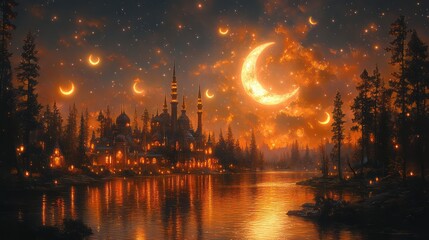 A serene paper cut mosque with a crescent moon and stars, set against a gradient sky fading from deep blue to midnight black.