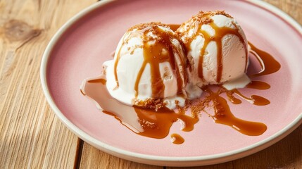 Aromatic Caramel-Drizzled Ice Cream Dessert on a Pink Plate