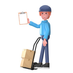 Delivery courier man in blue uniform holding clipboard with delivery cart. Safe delivery of goods concept. 3d people character illustration. Cartoon minimal style. PNG background