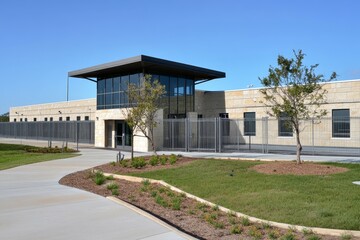 Modern building with glass facade and secure perimeter fencing.