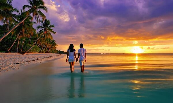 A romantic couple standing in crystal-clear tropical water at sunset, capturing love and paradise. Ideal for travel and honeymoon content.