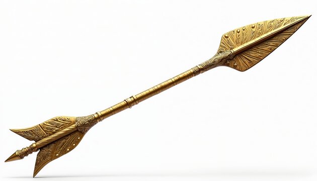Isolated golden decorative arrow spear, ornate vintage design element. Metallic weapon studio shot on transparent background. Luxurious decor with ancient stylish spear.