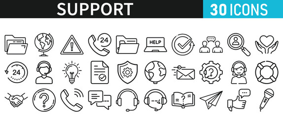 Service and Support set of web icons. Support and Help icons for web and mobile app inline style. Communication, online assistance, email, customer service, contact, help, feedback, 24 hrs, finding