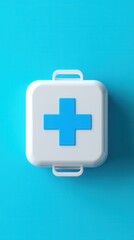 Fototapeta premium White First Aid Kit Box with Blue Cross Medical Emergency Healthcare Top View