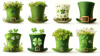 Decorative green hats with clovers and flowers.