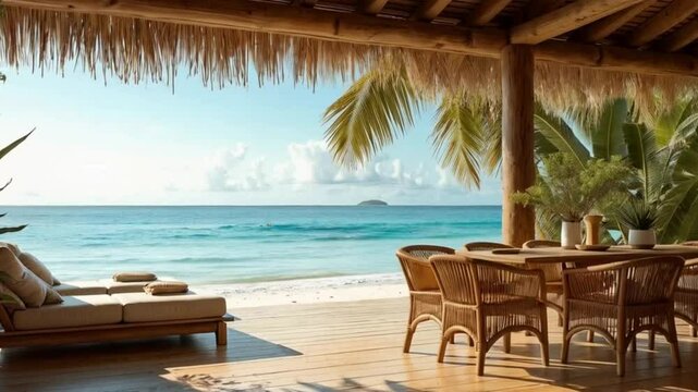 "A serene beachfront retreat with a thatched-roof patio, wooden furniture, and lush tropical plants, offering a breathtaking view of the turquoise ocean and distant island." 🌴🌊✨






