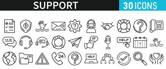 Service and Support set of web icons. Support and Help icons for web and mobile app inline style. Communication, online assistance, email, customer service, contact, help, feedback, 24 hrs, finding
