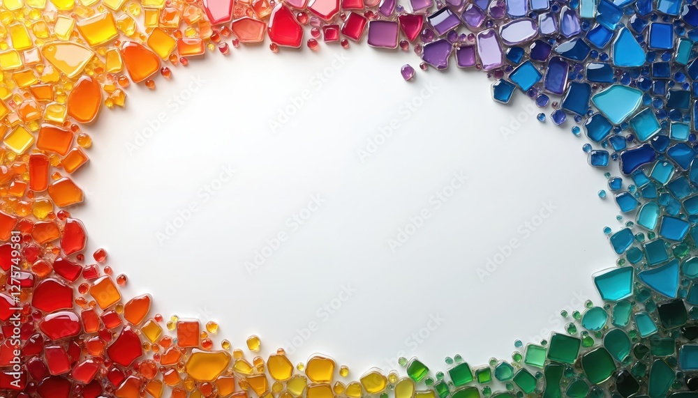 Poster Colorful glass mosaic frame on white background. Rainbow gradient border made of stained glass tile pieces. Bright art texture pattern, decorative design element, frame border with empty space.