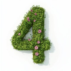 Number 4 made of vibrant green moss with tiny blooming flowers isolated on a clean white background