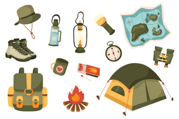 Collection of illustrations of hiking and camping, hiking boots, camping tent, backpack, hiking bag, hiking hat, match box etc.