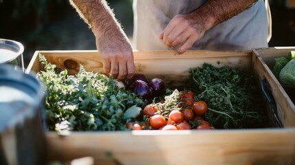 Freshly harvested organic vegetables being packed for local farmers market with vibrant colors and natural lighting
