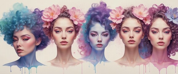 Naklejka premium Colorful fashion portraits of five young attractive womans heads with creative hairstyles decorated with flowers. Pink and blue color palette sensual female models illustration. Youth beauty spring.