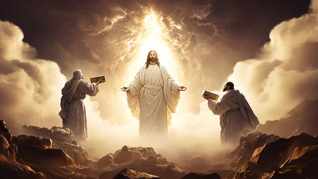 A divine scene depicting Jesus, Moses, and Elijah bathed in heavenly light during the Transfiguration.