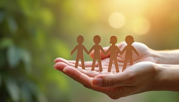 Close-up shot of paper people figures on human hands against green nature background. Team holding symbol of family, friendship, togetherness and social support.