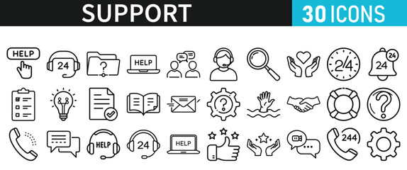 Service and Support set of web icons. Support and Help icons for web and mobile app inline style. Communication, online assistance, email, customer service, contact, help, feedback, 24 hrs, finding