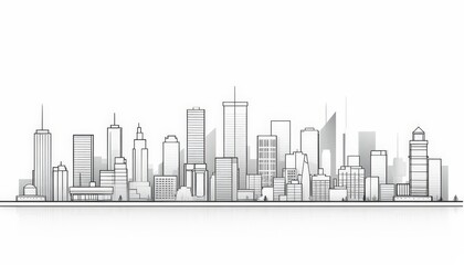 Fototapeta premium Outline of a city skyline with various buildings, isolated on white for architectural plans and designs