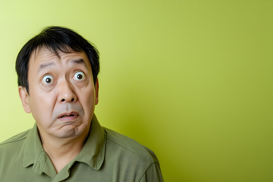 middle-aged Asian man in olive-green shirt, looking shocked and fearful with wide eyes slightly open mouth. worry, disbelief,  confusion. pastel yellow-green background, copy space on the right