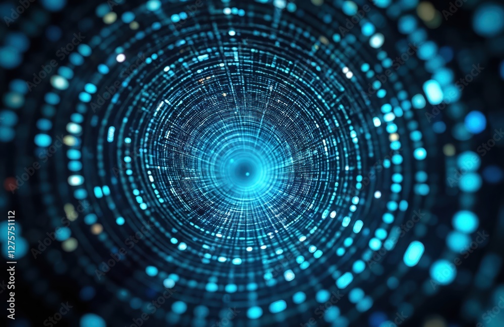 Poster Abstract blue tech tunnel with neon lights. Futuristic cyberspace background with digital data stream visualization, information technologies. Blurred motion, light trails, data analysis.