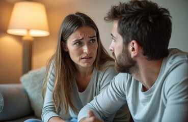 Worried woman listens to man in cozy living room setting. Serious conversation relationship dynamics. Couple intense discussion, resolving conflict. Support, understanding in communication.