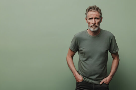 middle-aged Caucasian man with a pained expression, standing against a muted green background, copy space. depression, regret, worry, crisis, sadness, despair, stress, emotions, melancholy, loneliness - Powered by Adobe