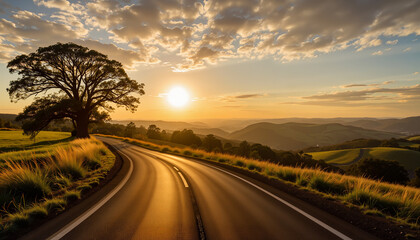 Scenic winding road at sunset, journey through nature's beauty